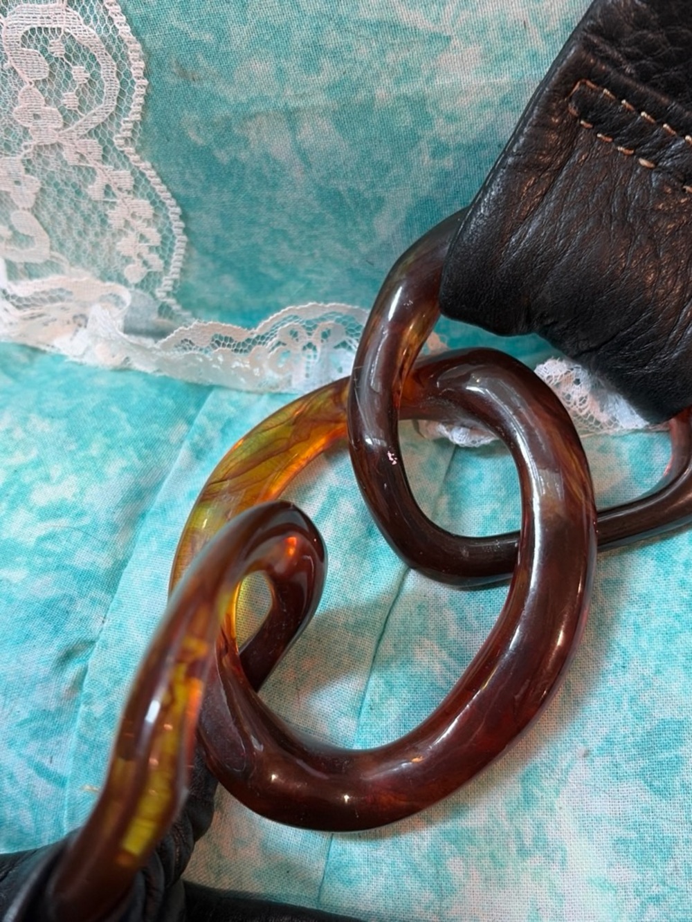Women's Black Leather Shoulder Bag with Tortoiseshell Rings - Picture 6 of 9